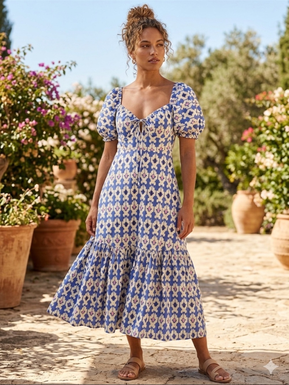Zara Blue and Cream Puff-Sleeve Midi Dress